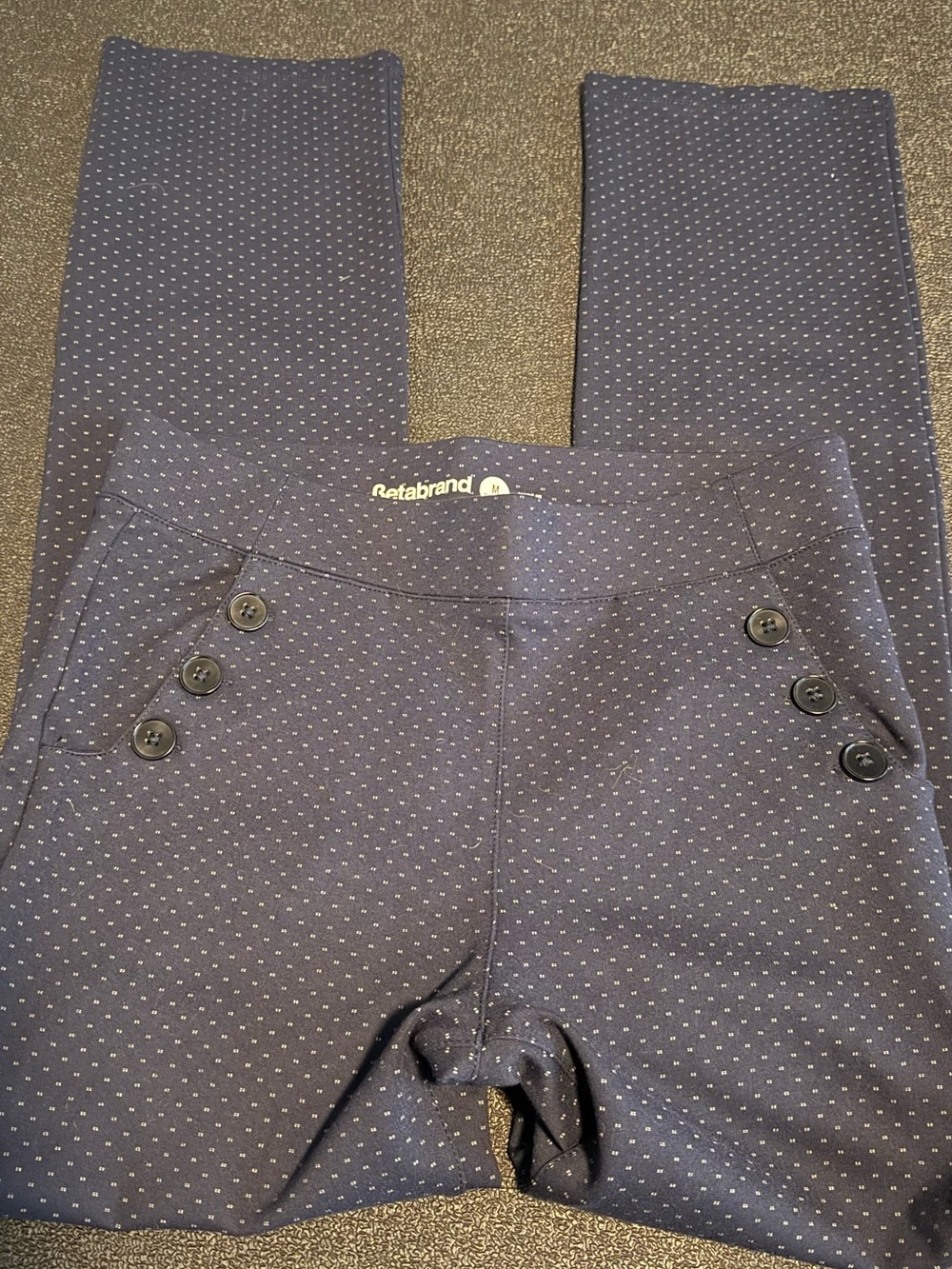 Betabrand Navy Microdot Dress Pants with Button Details